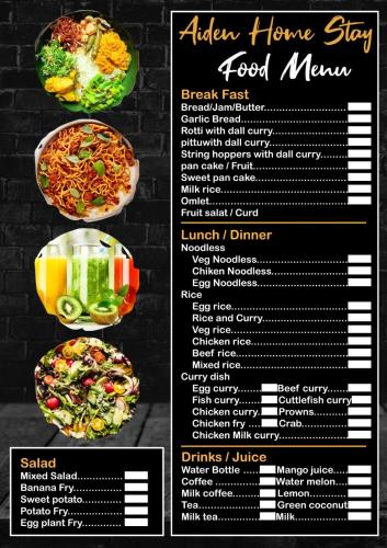 a menu for aaa home stay food menu at Aiden Homestay in Pasikuda