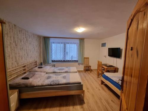 a bedroom with two beds and a television in it at Willa Słoneczko in Duszniki Zdrój