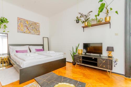 a bedroom with a bed and a television in it at Central Studio @ Jászai Mari Square in Budapest