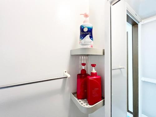 a bathroom with two bottles of detergent and toothpaste at 千間川-緑橋 in Osaka