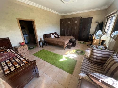a living room with a couch and a green rug at Oak Chalet شاليه الملول 