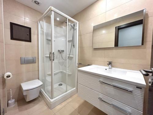 y baño con ducha, aseo y lavamanos. en Apartament al centre d'Esterri amb vistes úniques by RURAL D'ÀNEU, en Esterri d'Àneu