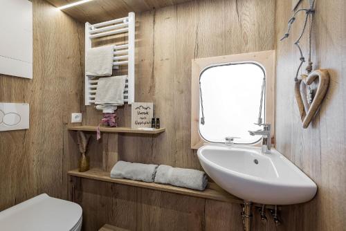 a bathroom with a sink and a mirror at Mountain Caravan - Zirben Nestl in Nova Ponente