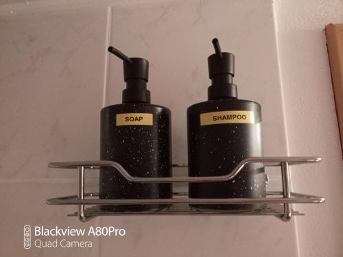 two bottles of shampoo sitting on a shelf at Um Burebierg apartment 35m2 in Buschrodt