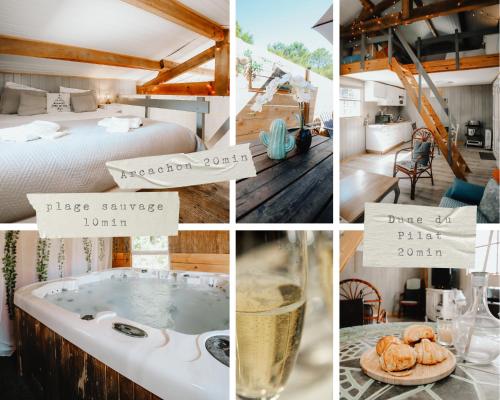 un collage de photos d'une chambre d'hôtel avec baignoire dans l'établissement La Cabane du Littoral, SPA et nature chez Ivona Vacances, au Teich
