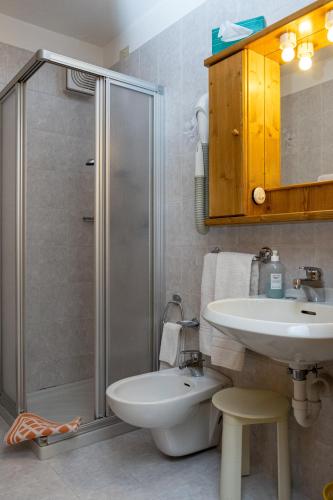 a bathroom with a shower and a sink and a toilet at Wellness Hotel Dolomia in Soraga