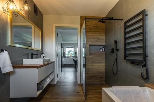 a bathroom with a sink and a shower at Lamelove Apartments in Chocznia