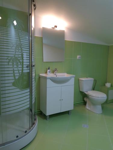 a bathroom with a toilet and a sink and a shower at Apartament Magnolia Nearby City Center With Parking in Sibiu