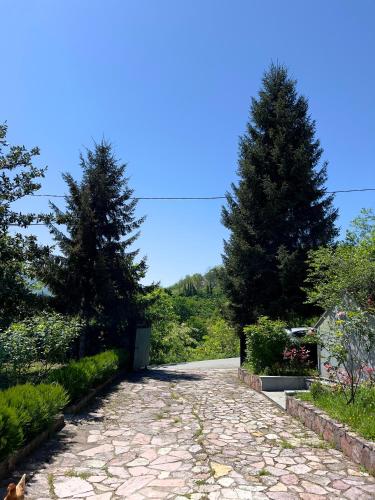 una carretera de piedra con dos pinos a un lado en TRABZON VILLA l, en Trabzon