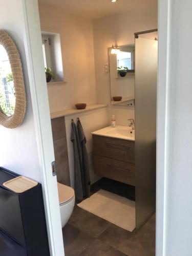 a bathroom with a toilet and a sink at Casa Uno North - Nice appartement for two with sea view in Farsø