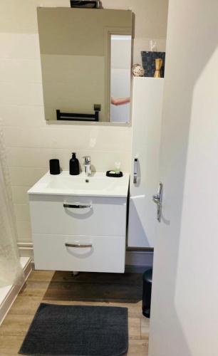 une salle de bain avec un lavabo blanc et un miroir dans l'établissement Appartement calme et bien situé, à Tarbes