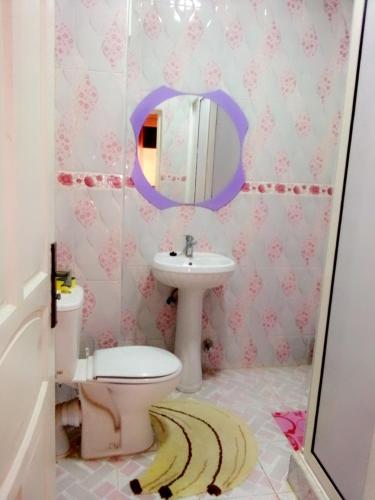 uma casa de banho com um lavatório, um WC e um espelho. em Blue Meadow em Moulay Bousselham