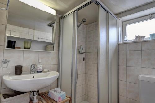 a bathroom with a sink and a shower at Chalet Nostalgie in Chateau-d'Oex