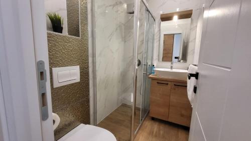 a bathroom with a shower and a toilet and a sink at Imperial Central Residences West in Rijeka