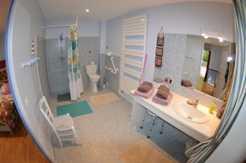 シオラック・アン・ペリゴールにあるLes Deux Toursの洗面台、トイレ、鏡のあるバスルーム