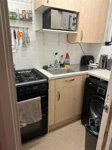 een kleine keuken met een fornuis en een wastafel bij Small Studio apartment - quick access to all of london in Londen