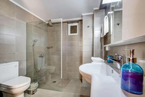 a bathroom with a sink and a toilet and a shower at Kleio Studios in Ravdhoúkha