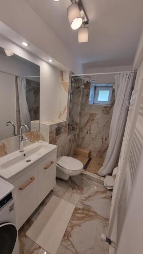 - une salle de bains sale pourvue de toilettes et d'un lavabo dans l'établissement SeaNest Mangalia, à Mangalia