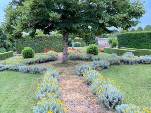 a garden with blue and yellow flowers and a tree at Évasion Romantique au Prieuré avec Jardin en Anjou, Petit-Déjeuner Inclus - FR-1-622-63 in Méa