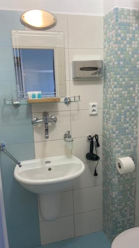 a bathroom with a sink and a toilet and a mirror at Aparthotel Slezák in Litomyšl