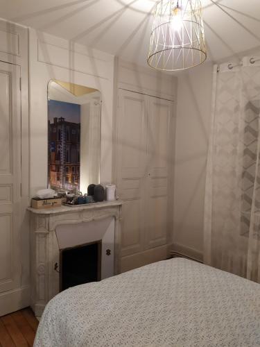 a bedroom with a bed and a mirror and a fireplace at L'Echappée Belle in Chartres