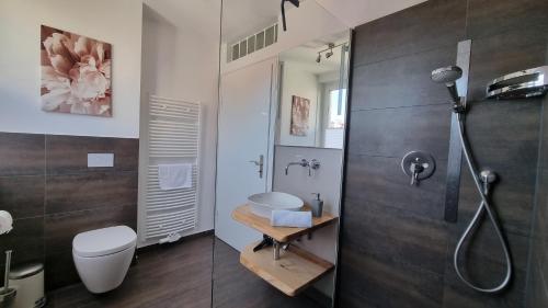 a bathroom with a shower and a toilet and a sink at Ferienhaus Sauerzapf mit Saunabereich 16 Personen in Braunlage