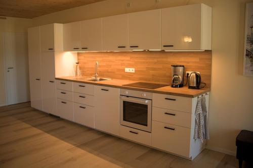 eine Küche mit weißen Schränken und einem Waschbecken in der Unterkunft Landhaus PHILIPP - Ruhe & Meer in Ostseebad Nienhagen