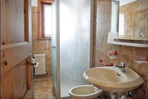 a bathroom with a sink and a toilet at Hotel Aquila in Livigno