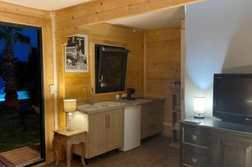 cocina con fregadero y TV en una habitación en Chalet cosy avec piscine chauffée, en Beauregard-lʼÉvêque
