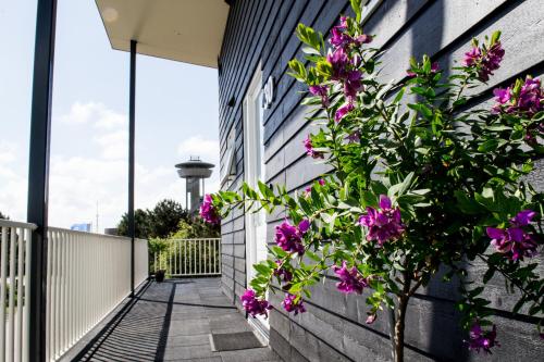a building with purple flowers on the side of it at De Berkenhof Aparthotel in Nes