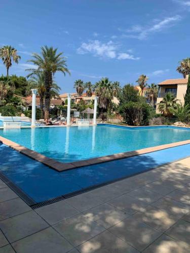 une grande piscine bleue avec des palmiers en arrière-plan dans l'établissement Appartement Cosy Confort PARKING CLIM WIFI LINGE accès piscine non inclus, à Canet