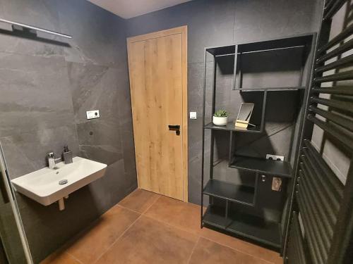 a bathroom with a sink and a wooden door at Apartmá v klidné lokalitě Krkonoš. in Pec pod Sněžkou