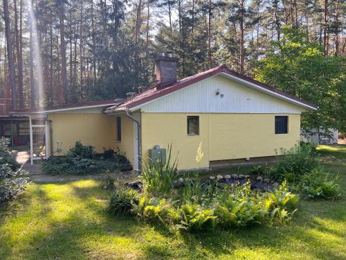 a small yellow house in the middle of a yard at Ferienhaus im Wald in Borkwalde