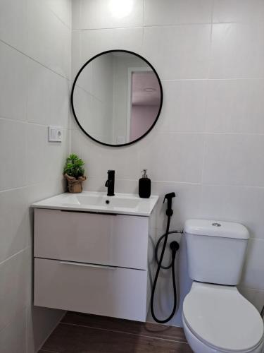 a bathroom with a white toilet and a mirror at O Peteiro in Redondela