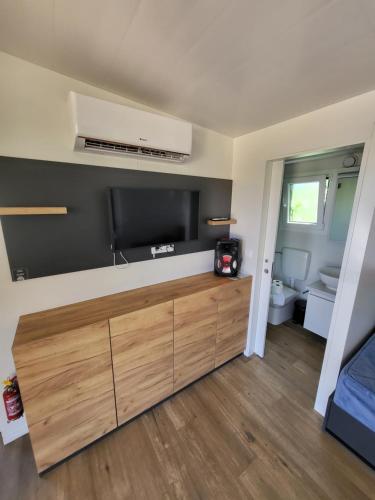 a living room with a flat screen tv on the wall at Terra Park SpiritoS - Luxury mobile house Ina in Kolan