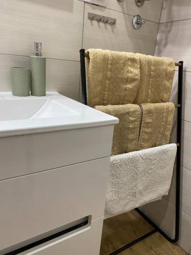 W łazience znajduje się biała umywalka i lustro. w obiekcie Apartman Kosta w mieście Leskovac