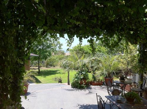 a patio with tables and chairs in a garden at Mamma Etna in Pedara