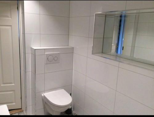 een witte badkamer met een toilet en een spiegel bij Waterfront Cottage (Fishing Opportunities!) in Ålesund
