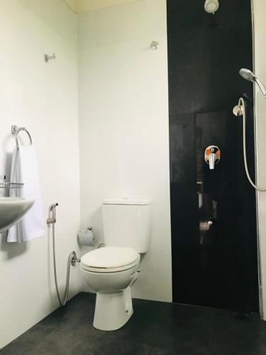a bathroom with a white toilet and a sink at Kandy Traveller's Cottage in Kandy