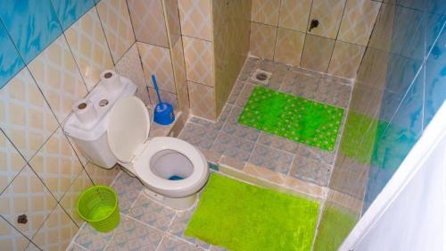 un bagno giocattolo con servizi igienici e tappetini verdi di One Bed Garden Estate Nairobi a Nairobi