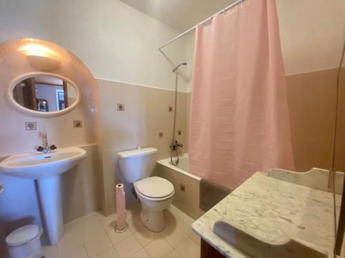 La salle de bains est pourvue de toilettes, d'un lavabo et d'une douche. dans l'établissement Appartement 3 pièces 60 m2, à Quenza