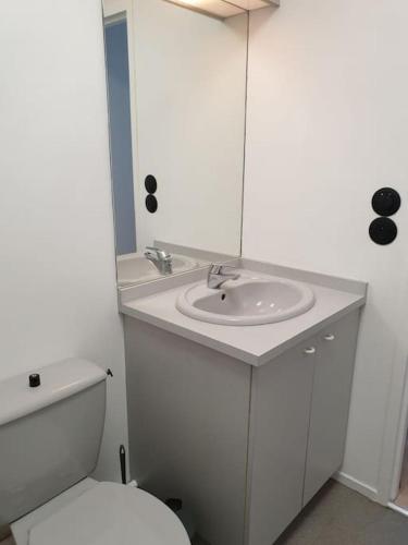 une salle de bain blanche avec un lavabo et des toilettes dans l'établissement Beau studio à deux pas de la gare - Kerlaouen, à Saint-Brieuc