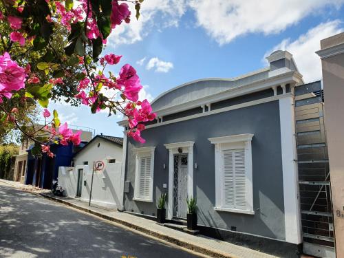 un edificio azul al lado de una calle con flores rosas en De Waterkant Cottages, en Ciudad del Cabo