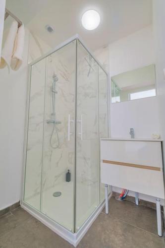 une douche en verre dans une salle de bain avec un lavabo dans l'établissement Moriscos, à Reims