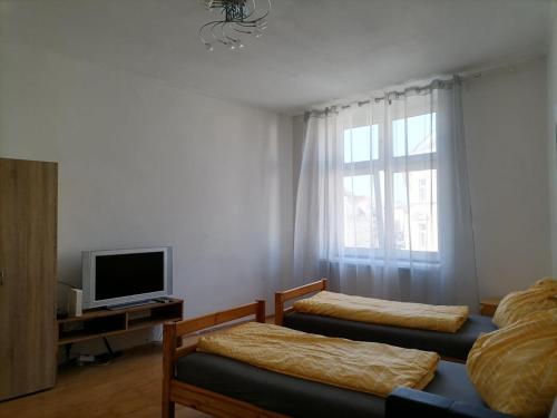 Cette chambre comprend 2 lits, une télévision et une fenêtre. dans l'établissement Central City Apartment 131, à Vienne