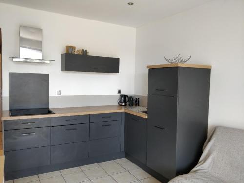 a kitchen with gray cabinets and a counter top at Le Palais du Tropique in Juan-les-Pins