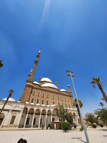 a building with a palm tree in front of it at Crystal pyramid inn in Cairo