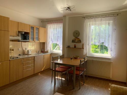 a kitchen with a table and chairs and two windows at Karlov pod Pradědem Apartmány Orbit in Karlov