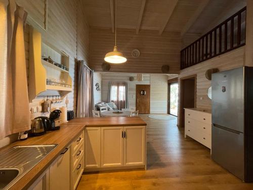a large kitchen with a refrigerator and a sink at The White House above Egremni in Athanion