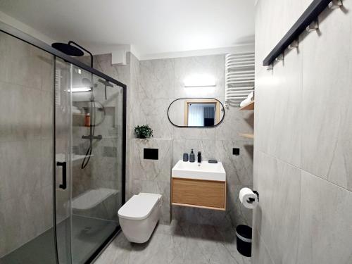 La salle de bains est pourvue de toilettes, d'un lavabo et d'une douche. dans l'établissement Kolory Warmii Apartamenty Garaż Podziemny-30pln-doba, à Olsztyn